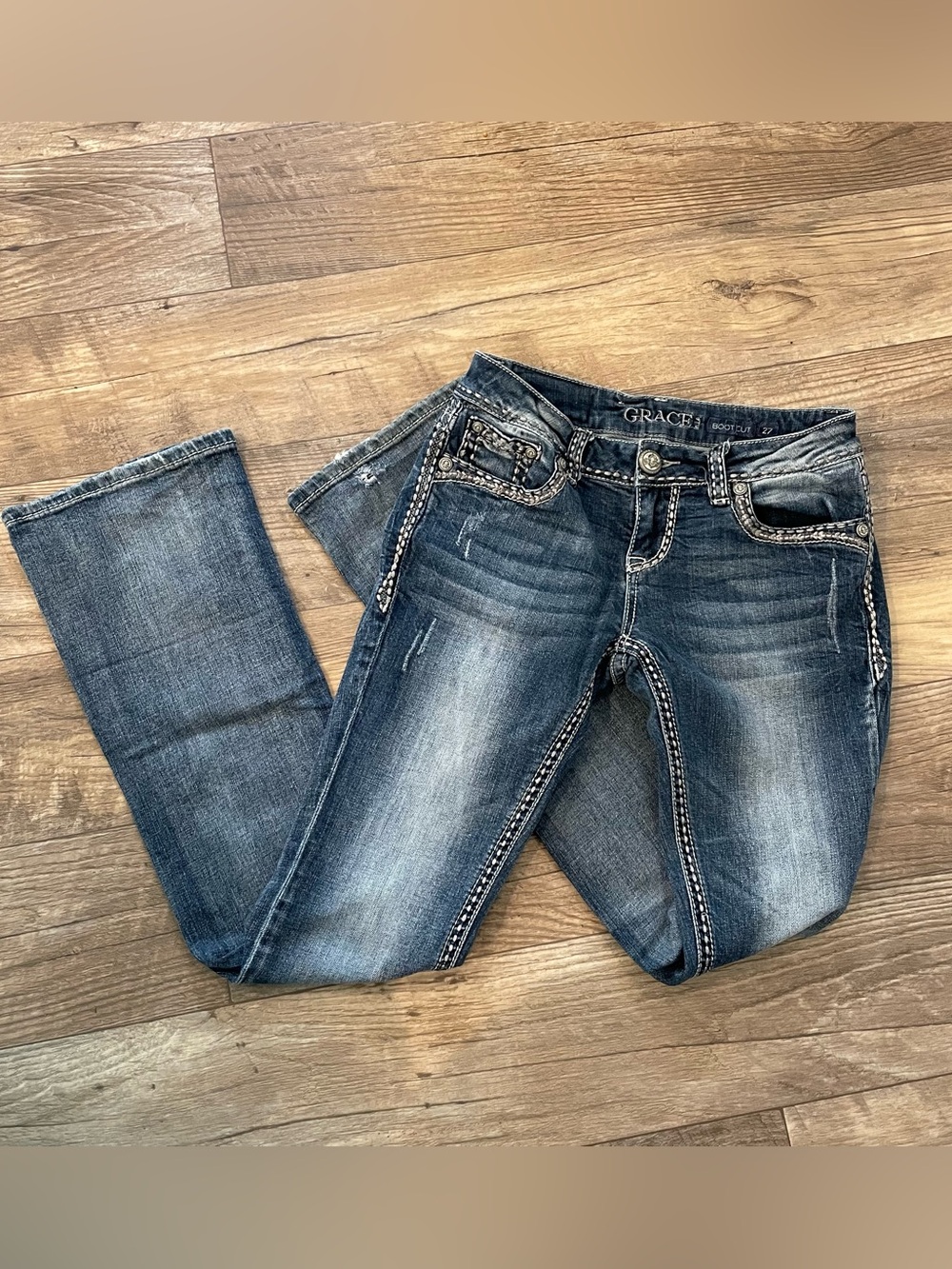 Grace in LA Women's Faded Dark Blue Bootcut Jeans